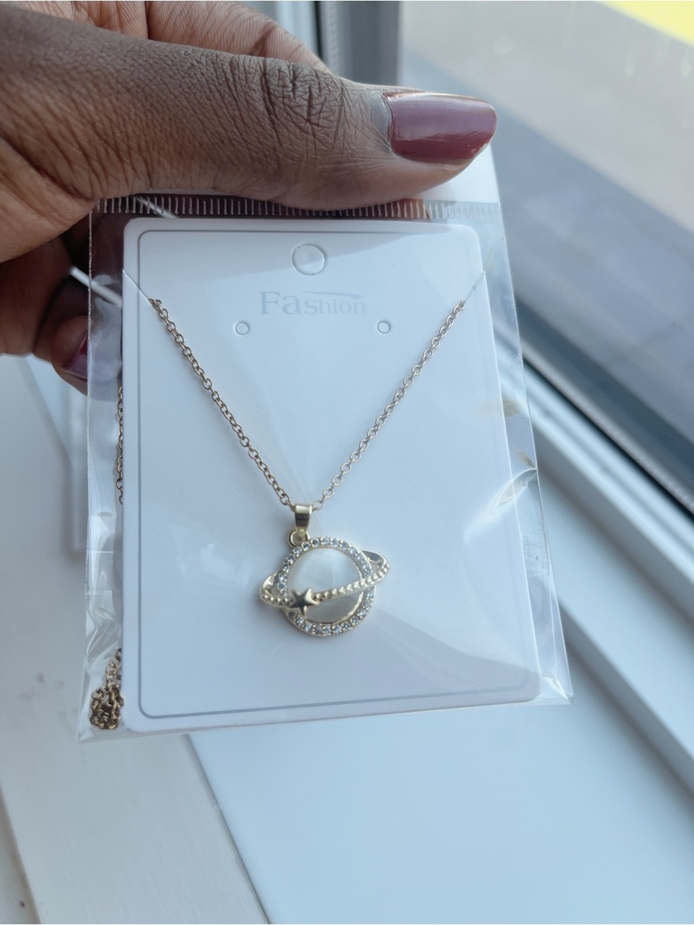 Gold Planet Pendant Necklace with Crystal Accents